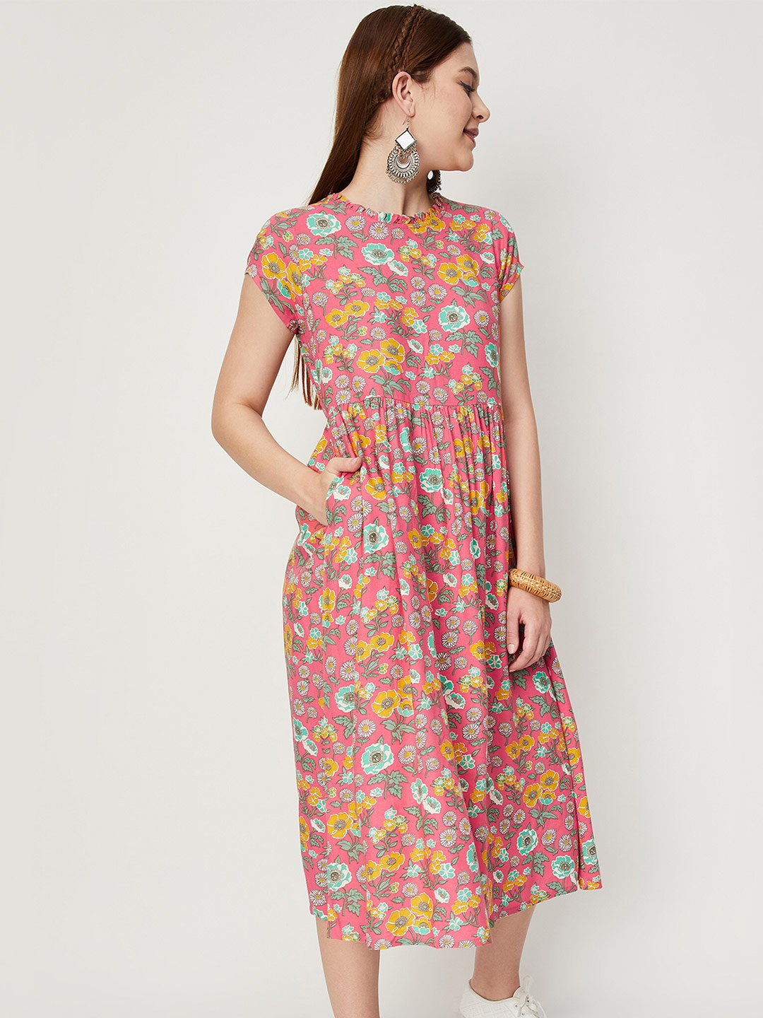

max Floral Printed A-Line Midi Dress, Coral