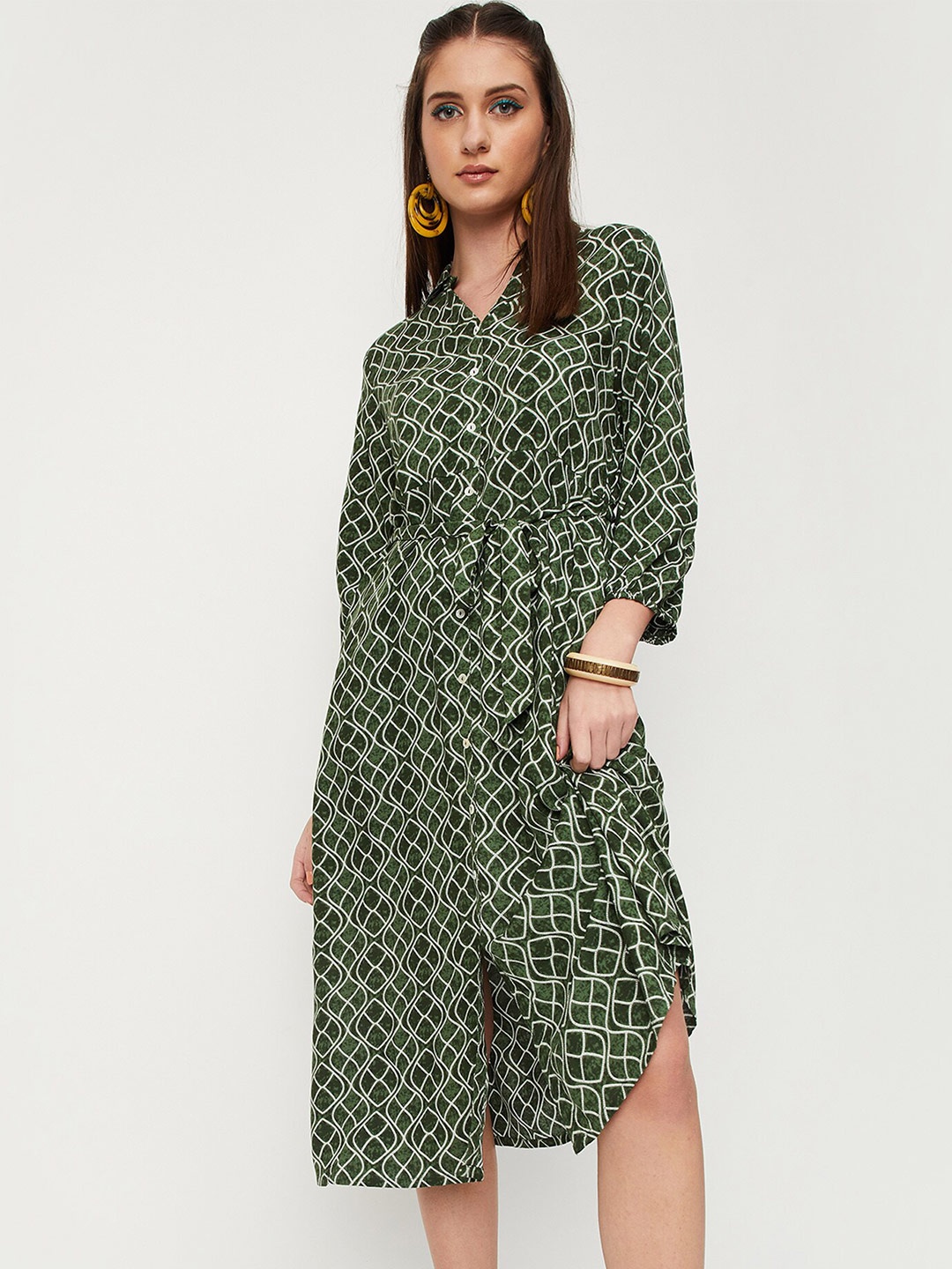 

max Printed Puff Sleeves Midi Shirt Dress, Green