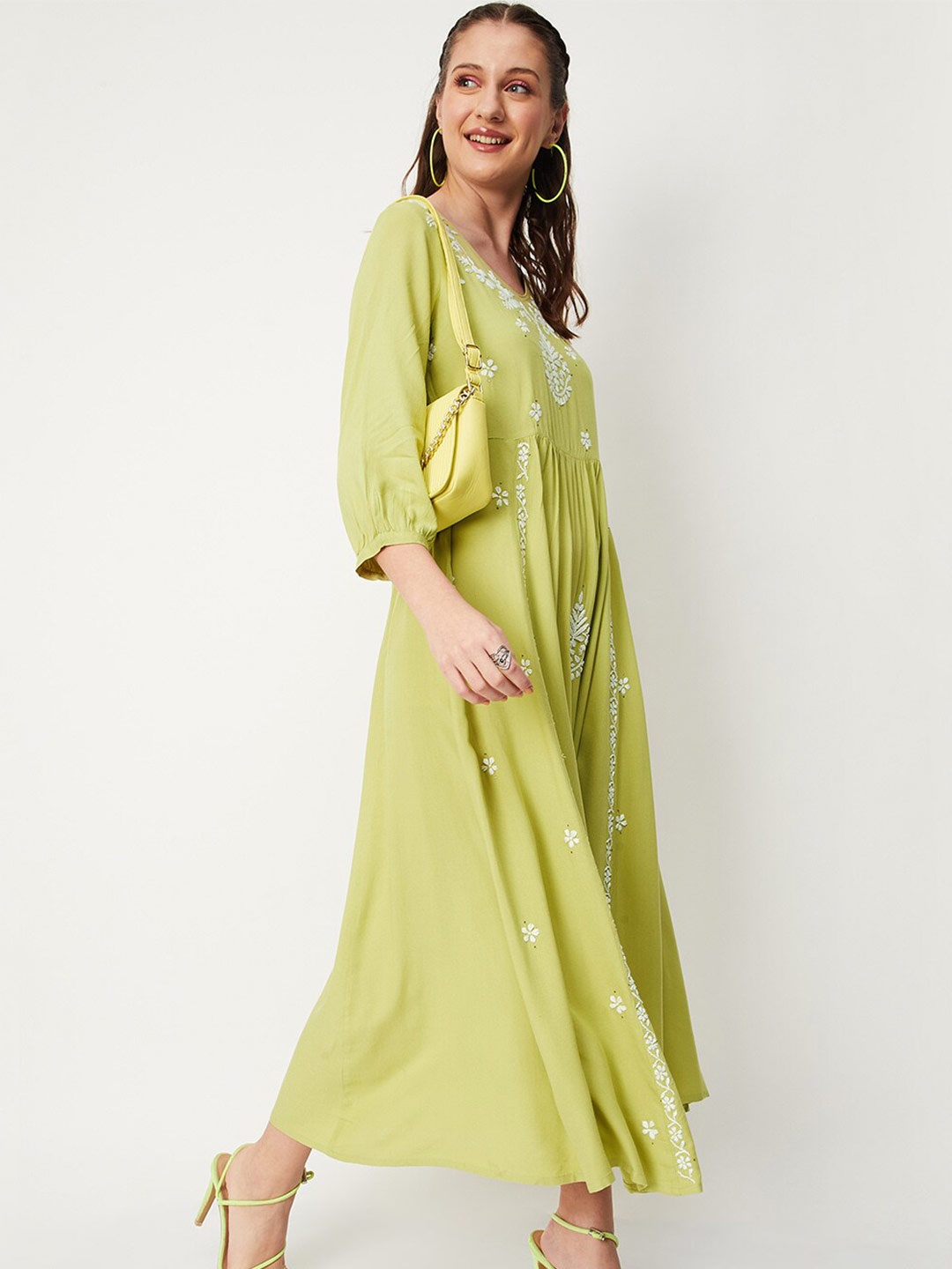 

max Floral Embroidered A-Line Dress, Lime green