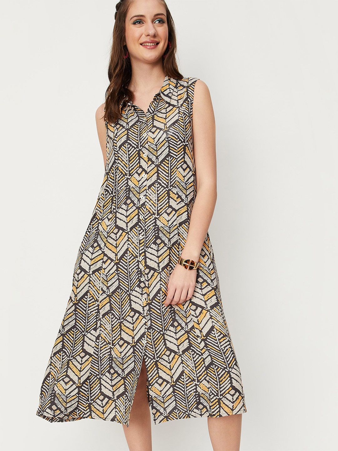 

max Printed Sleeveless Shirt Collar A-Line Midi Dress, Black