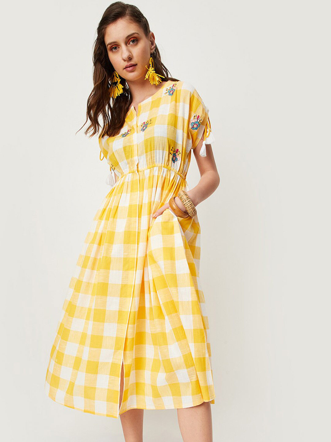 

max Checked Cotton Midi Dress, Yellow