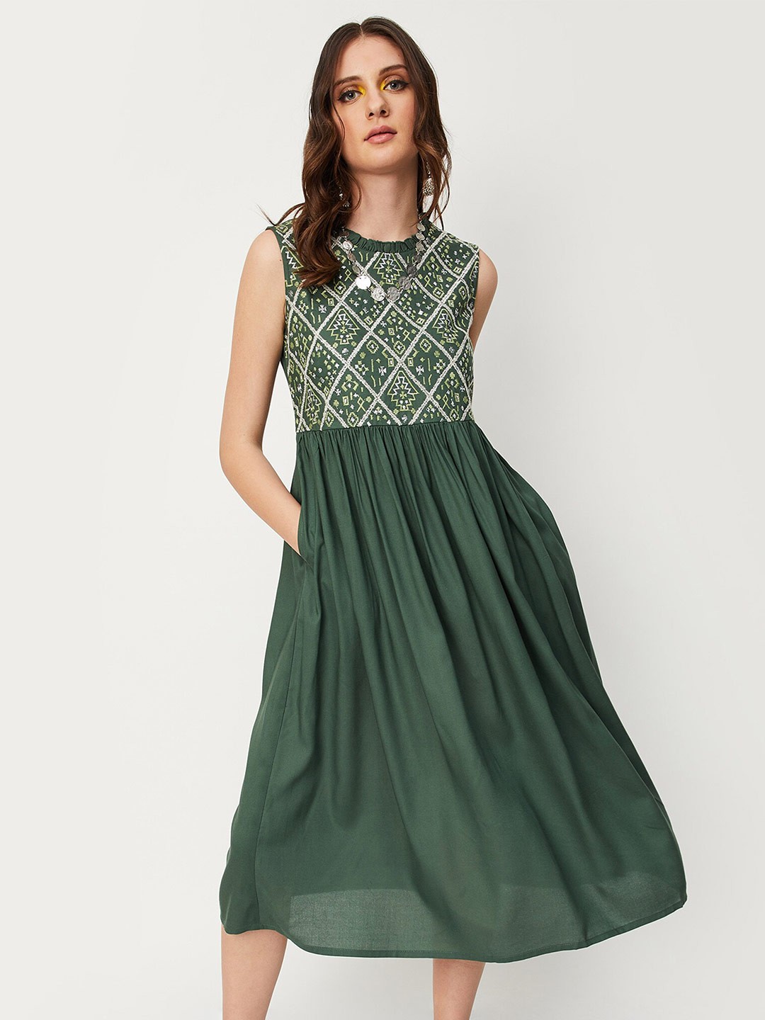 

max Sleeveless Embroidered Fit & Flare Dress, Green
