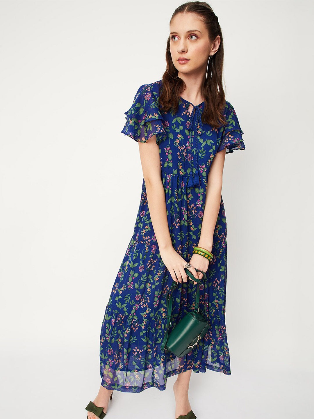 

max Floral Printed Tie-Up Neck Tiered Maxi Dress, Blue