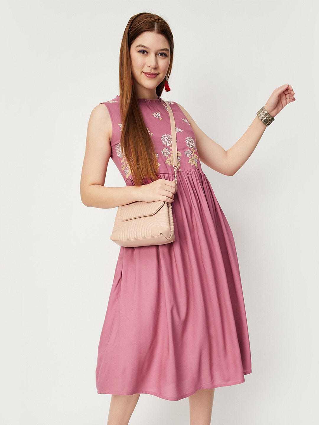 

max Floral Embroidered A-Line Midi Dress, Pink