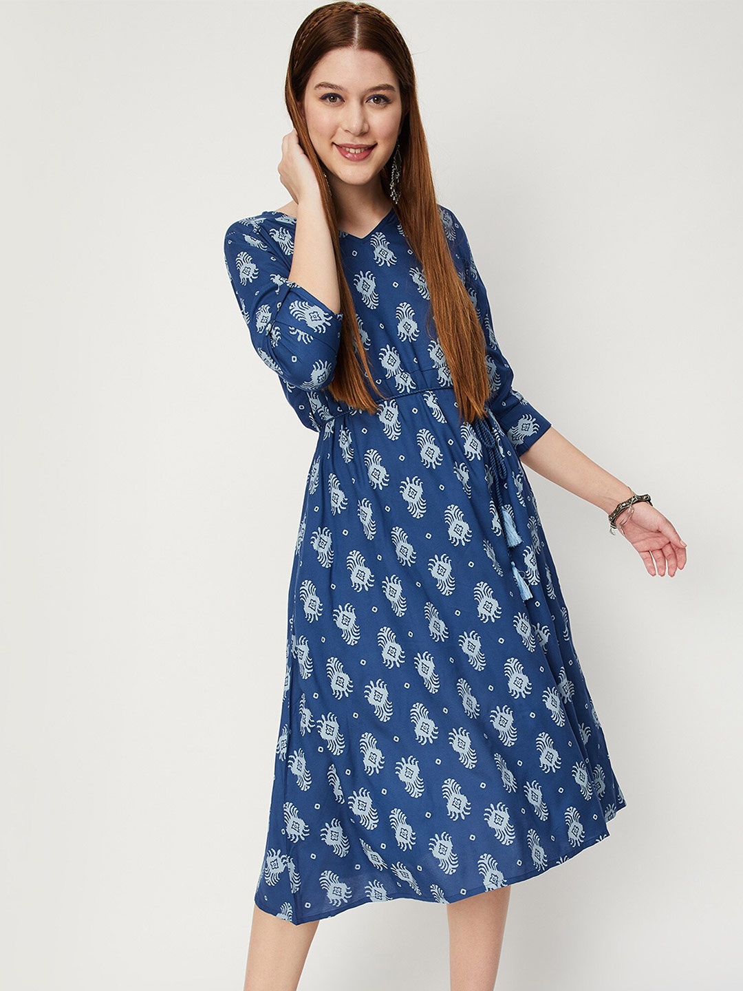 

max Ethnic Motifs Printed V-Neck Belted Midi A-Line Dress, Navy blue