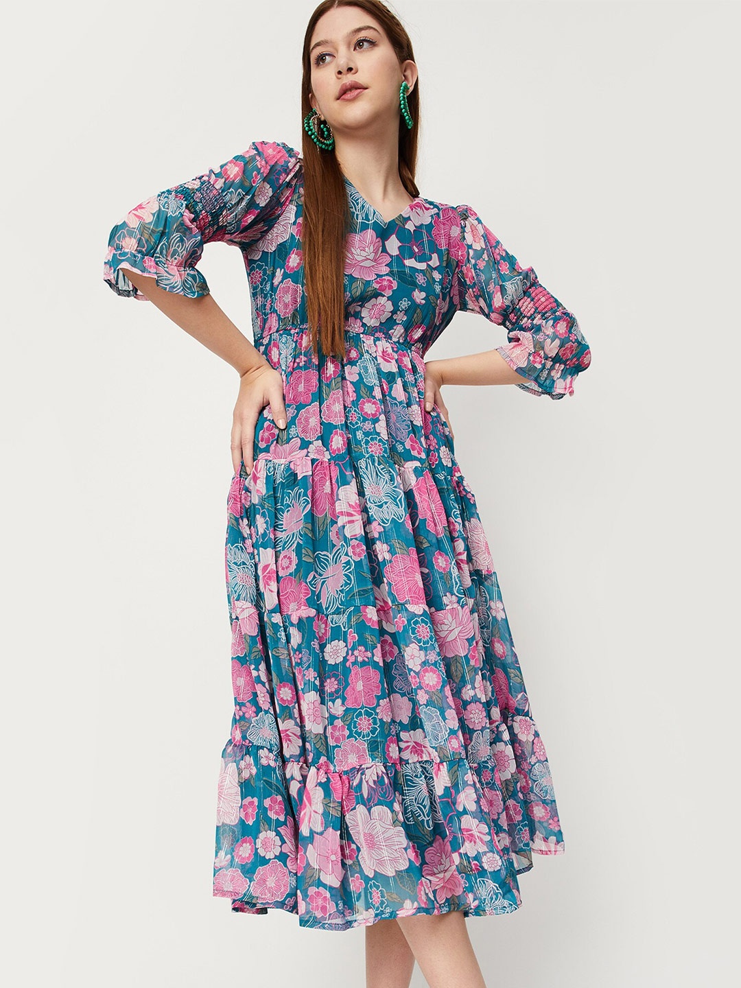 

max Floral Printed Puff Sleeves Tiered Midi Dress, Teal