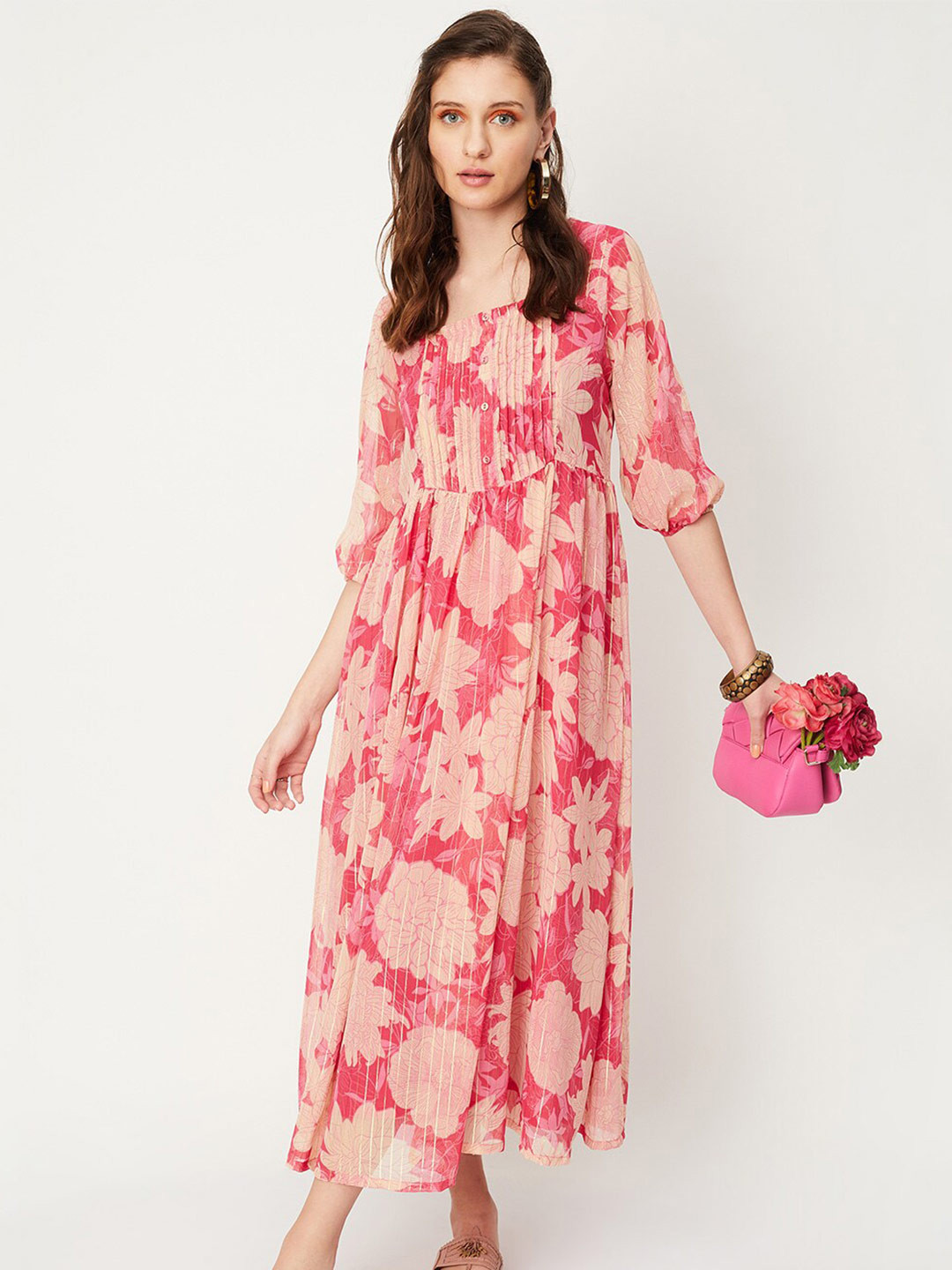 

max Square Neck Floral Printed Pleated Fit and Flare Midi Dress, Pink