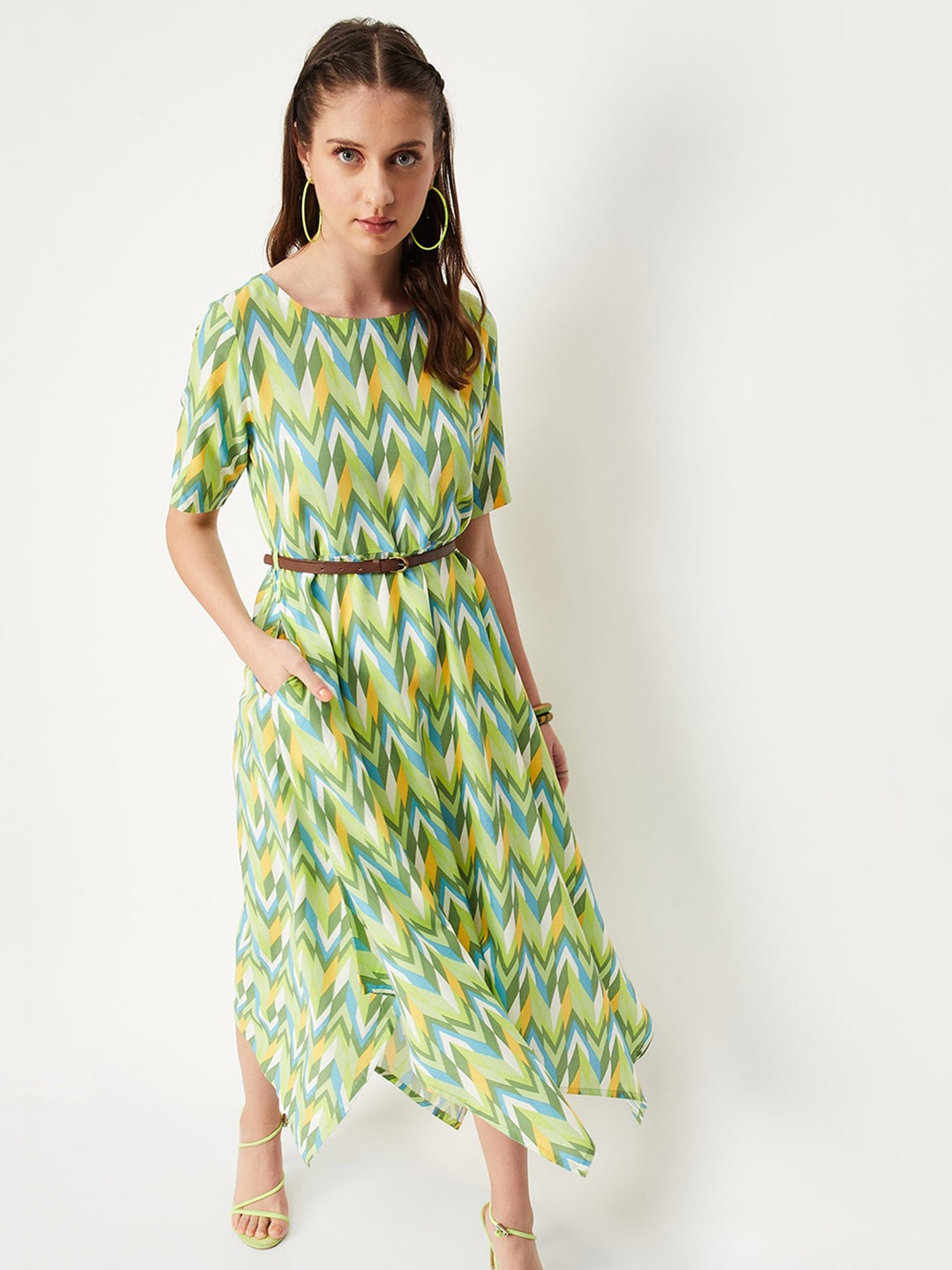 

max Chevron Printed Asymmetric Belted Midi A-Line Dress, Off white