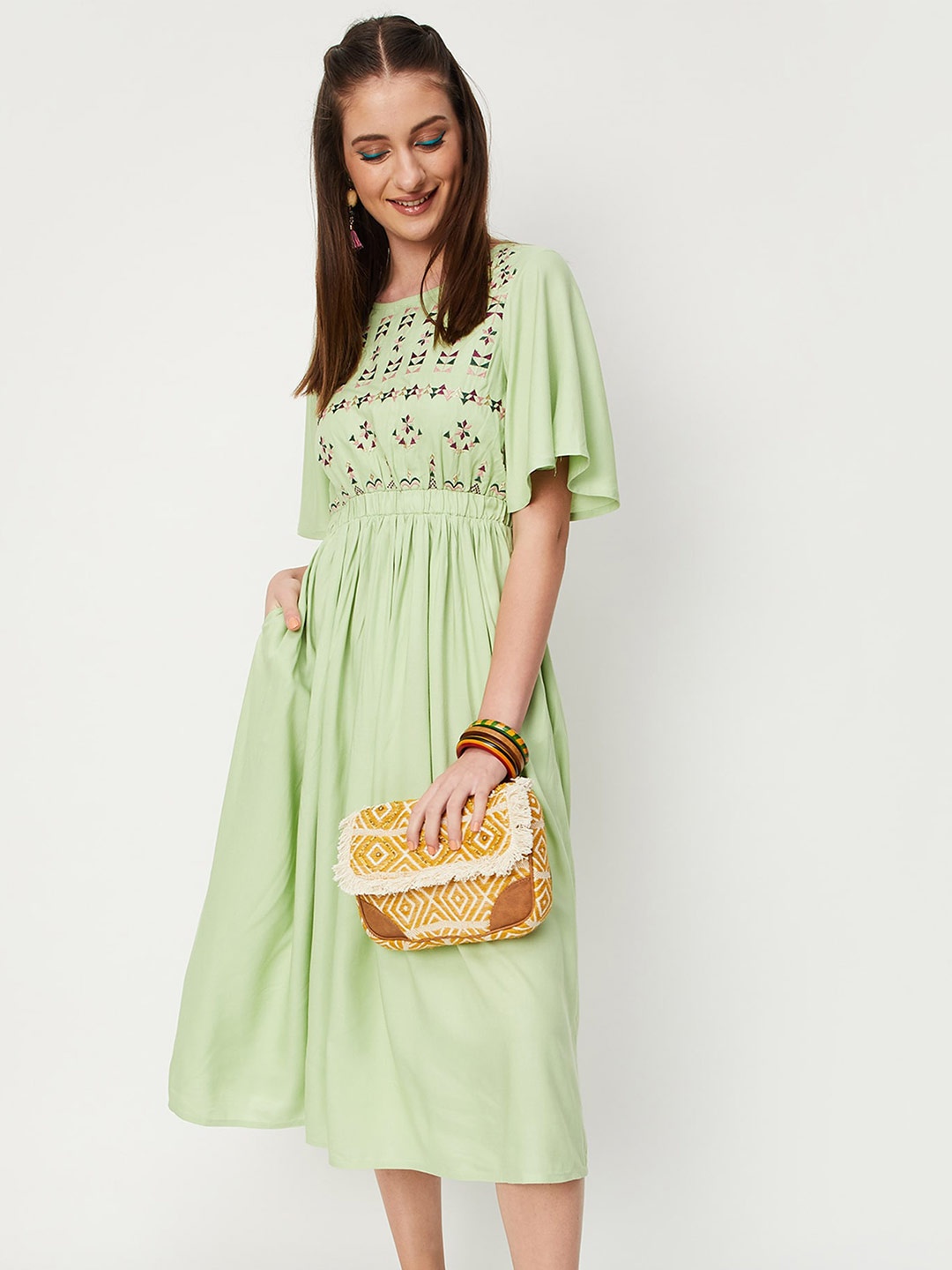 

max Floral Printed Fit-Flare Midi Dress, Green