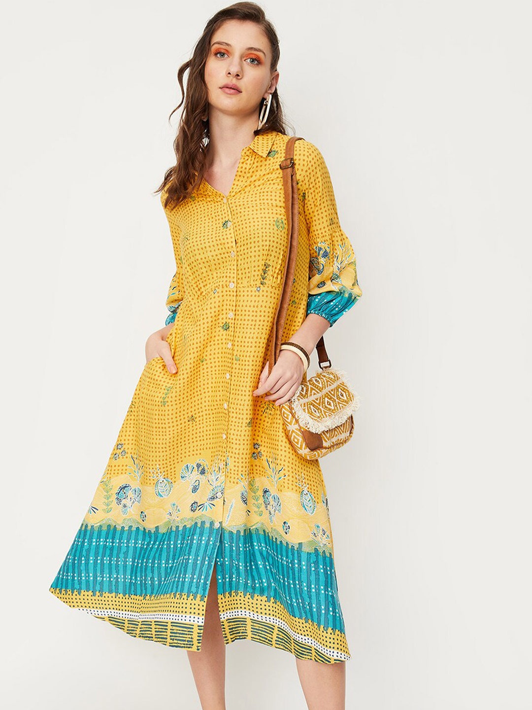 

max Printed Shirt Midi Dress, Mustard