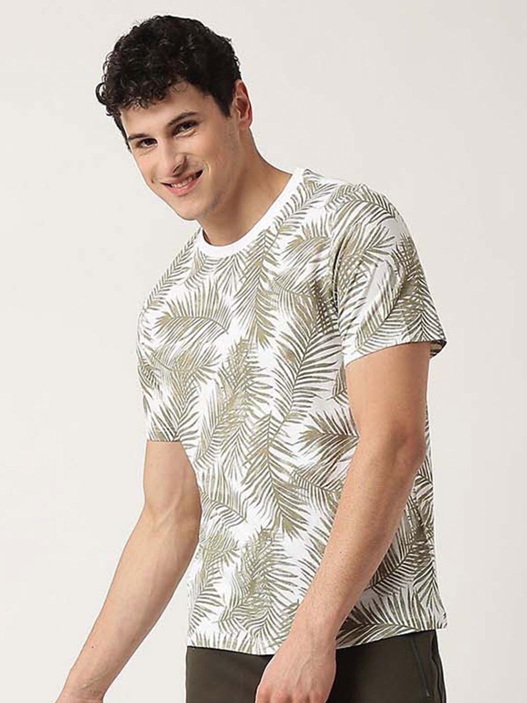 

Marks & Spencer Round Neck Tropical Printed Cotton T-shirt, Olive