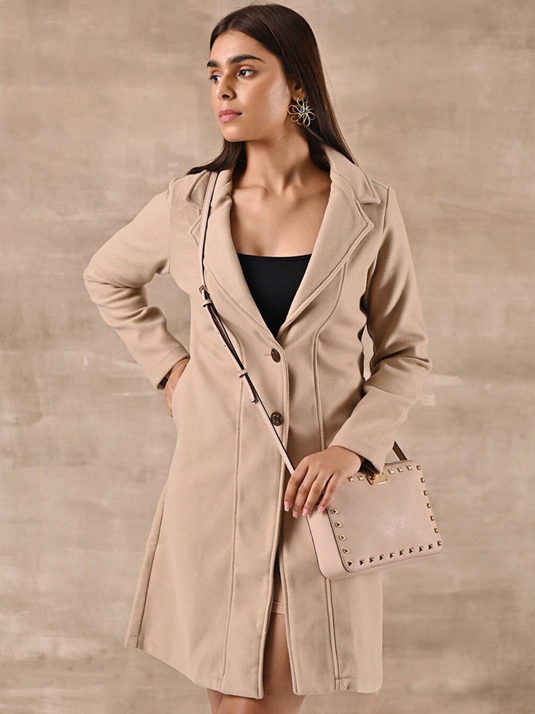 

Lakshita Single-Breasted Long Wool Trench Coat, Beige