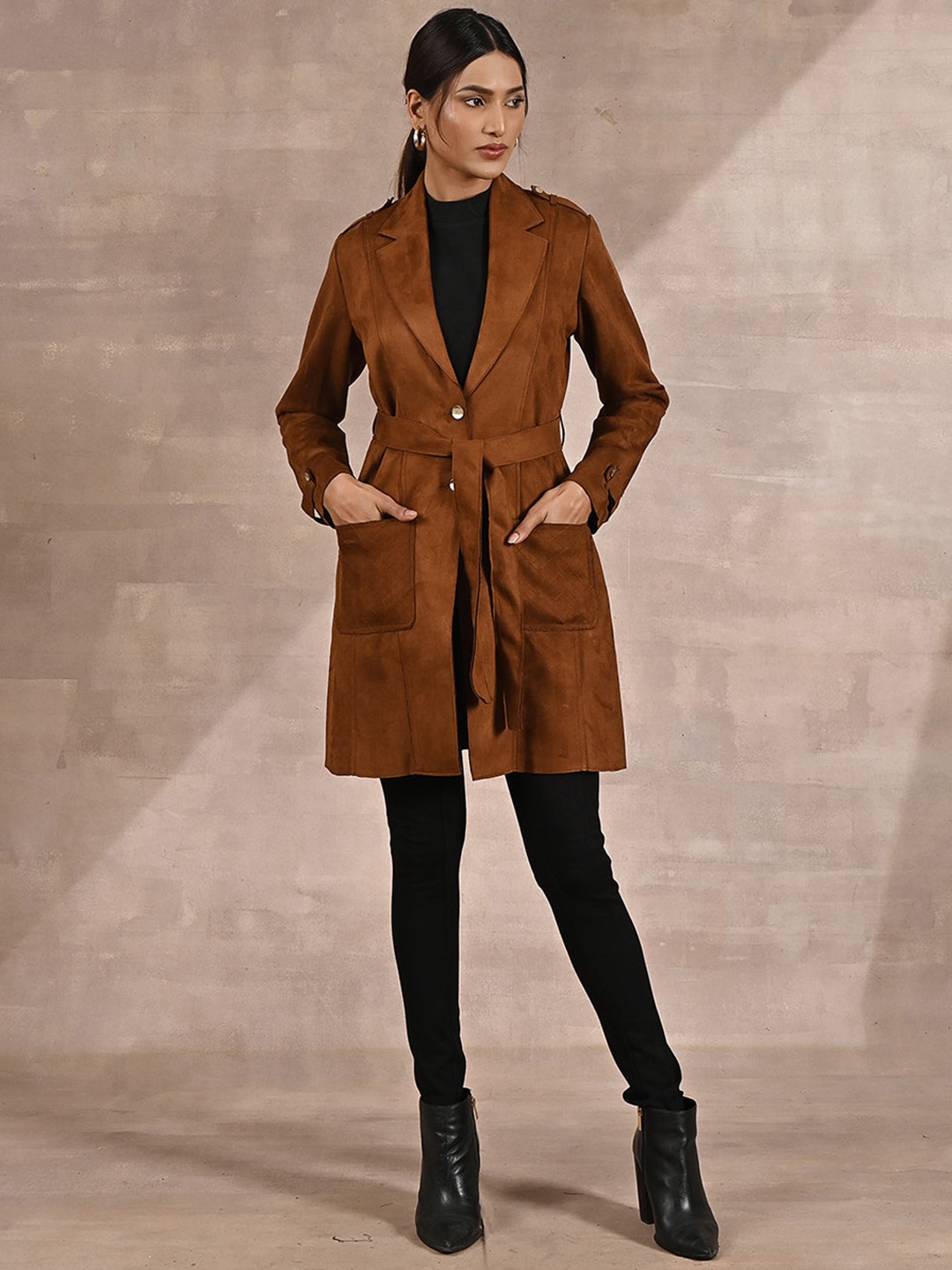 

Lakshita Women Suede Single-Breasted Regular Fit Trench Coat, Rust