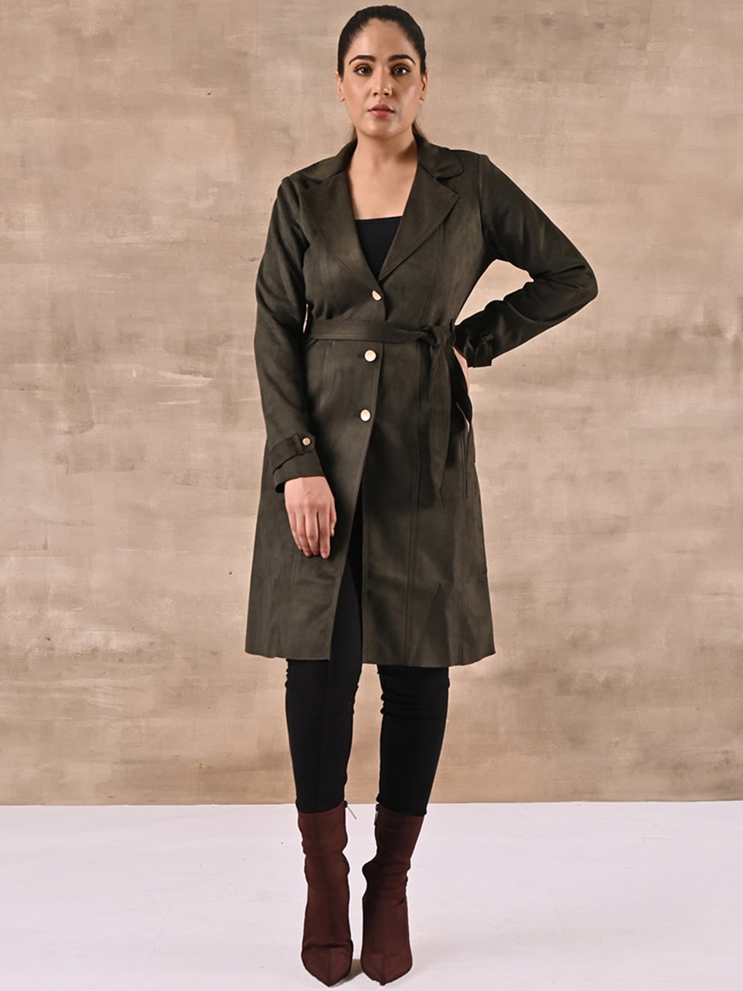 

Lakshita Women Wool Single-Breasted Regular Fit Trench Coat, Olive