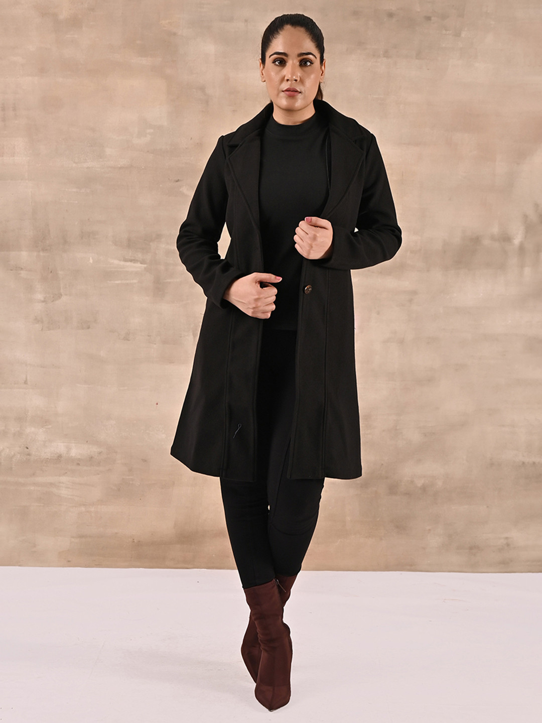 

Lakshita Women Wool Regular Fit Long Sleeves Trench Coat, Black