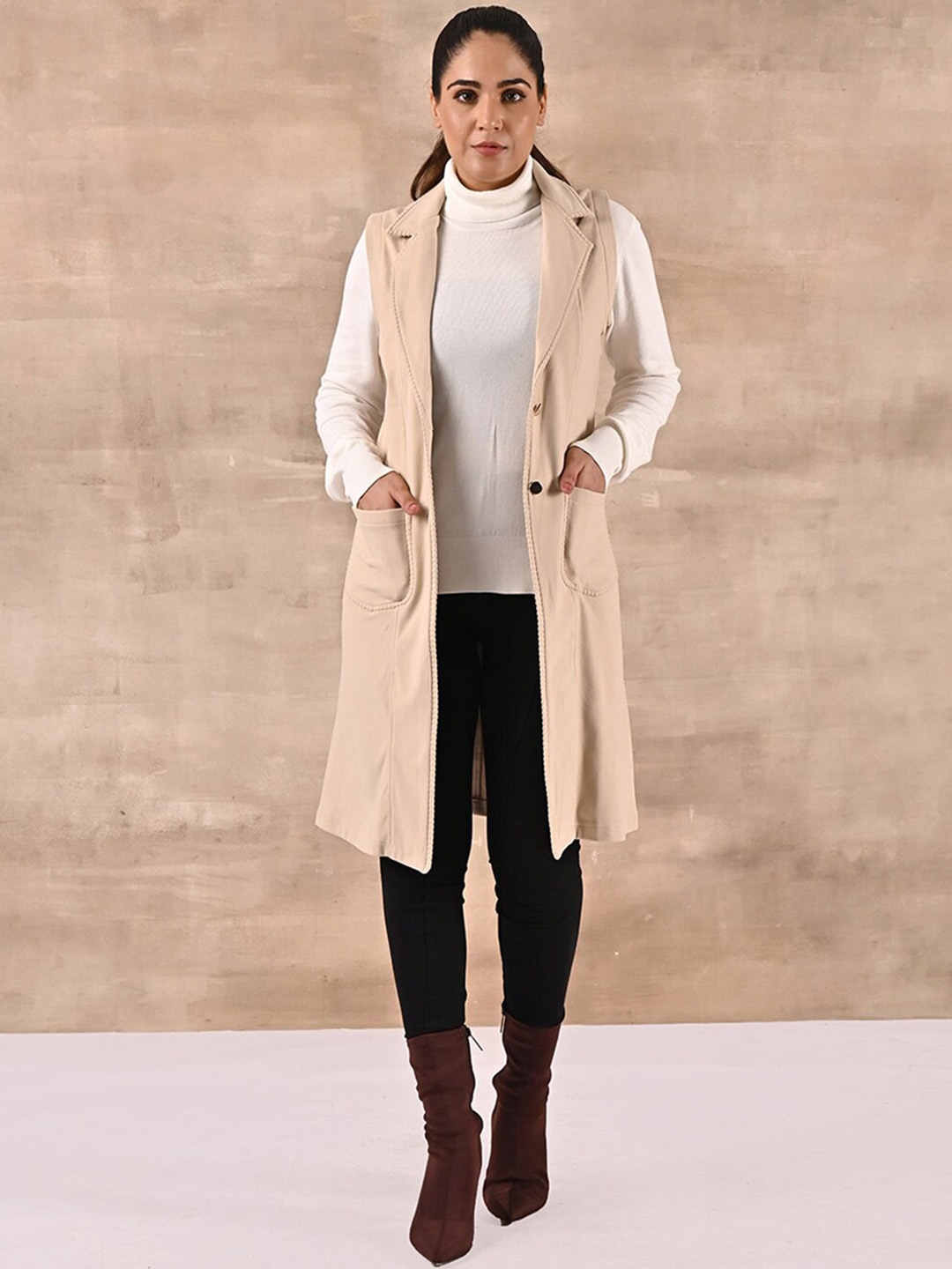 

Lakshita Single-Breasted Notched Lapel Collar Fleece Longline Trench Coat, Beige