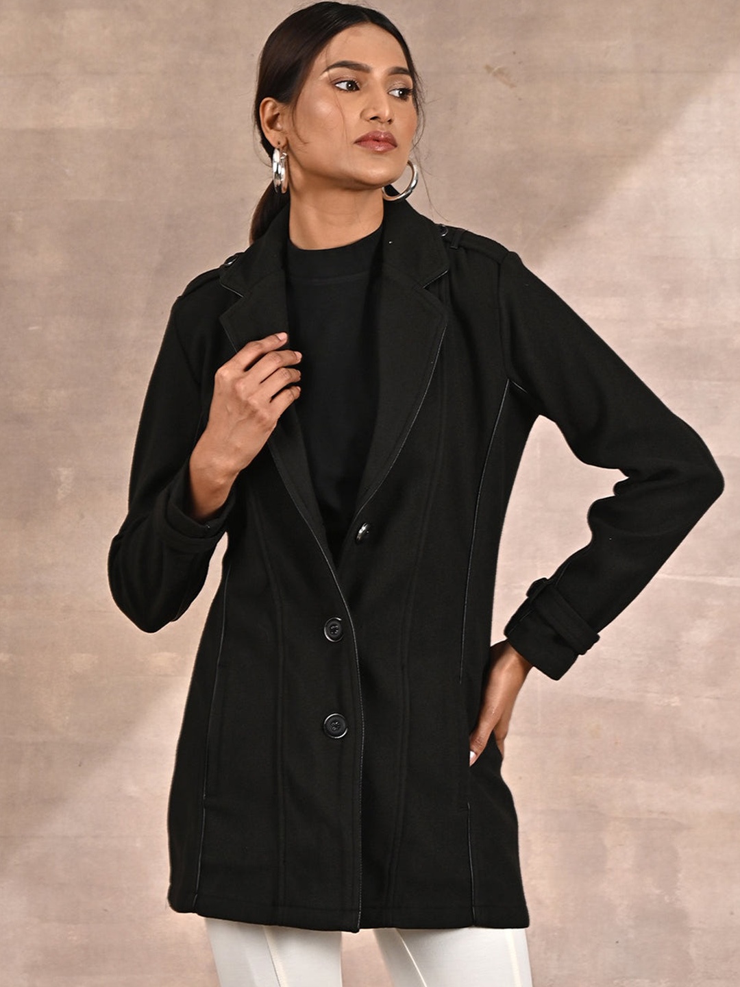 

Lakshita Women Notch Lapel Wool Regular Fit Trench Coat, Black