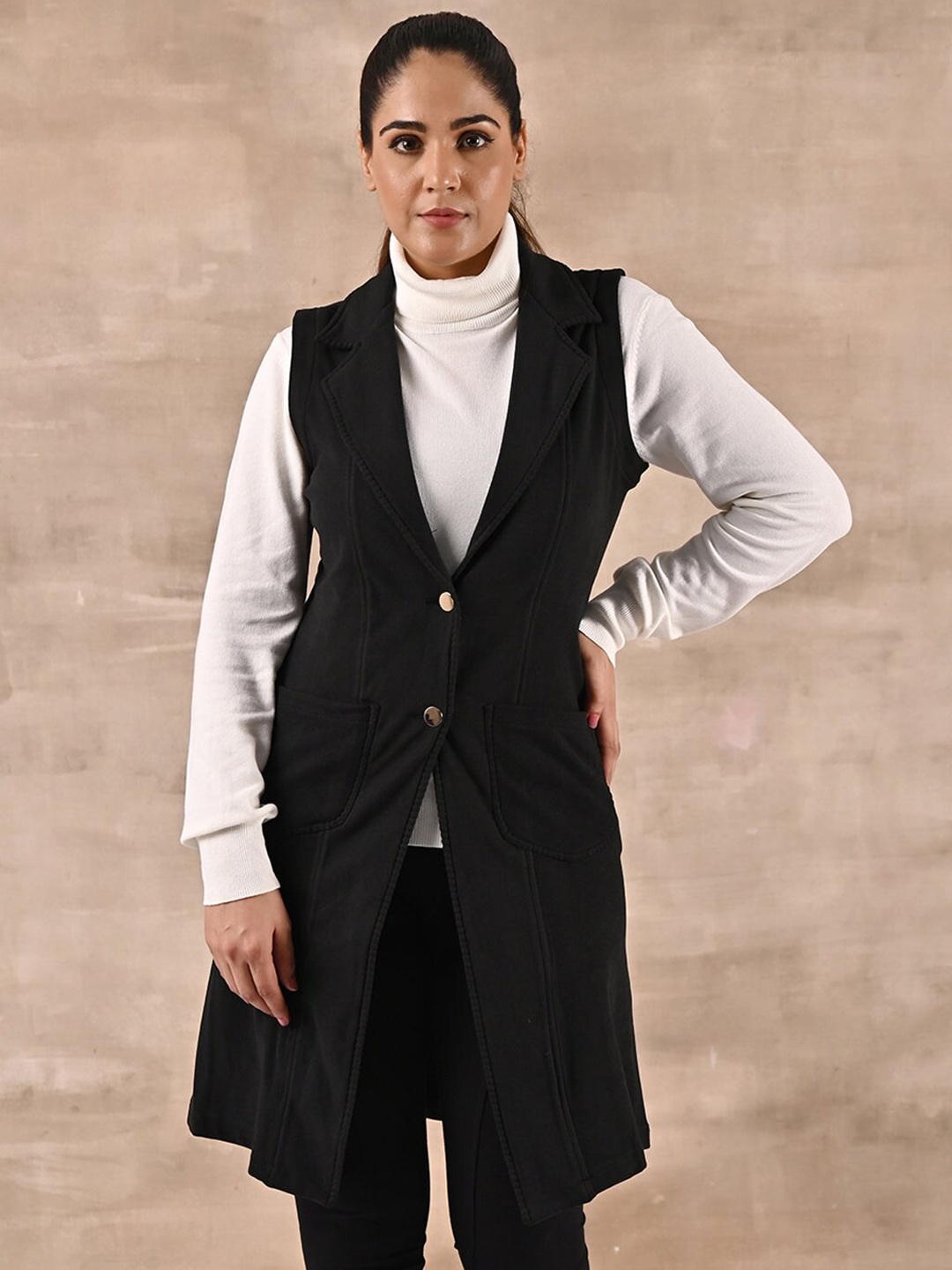 

Lakshita Single-Breasted Long Wool Trench Coat, Black