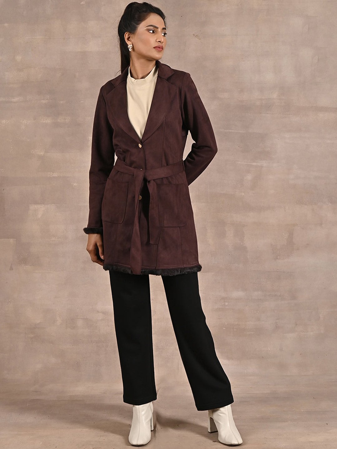 

Lakshita Single-Breasted Long Suede Trench Coat, Brown