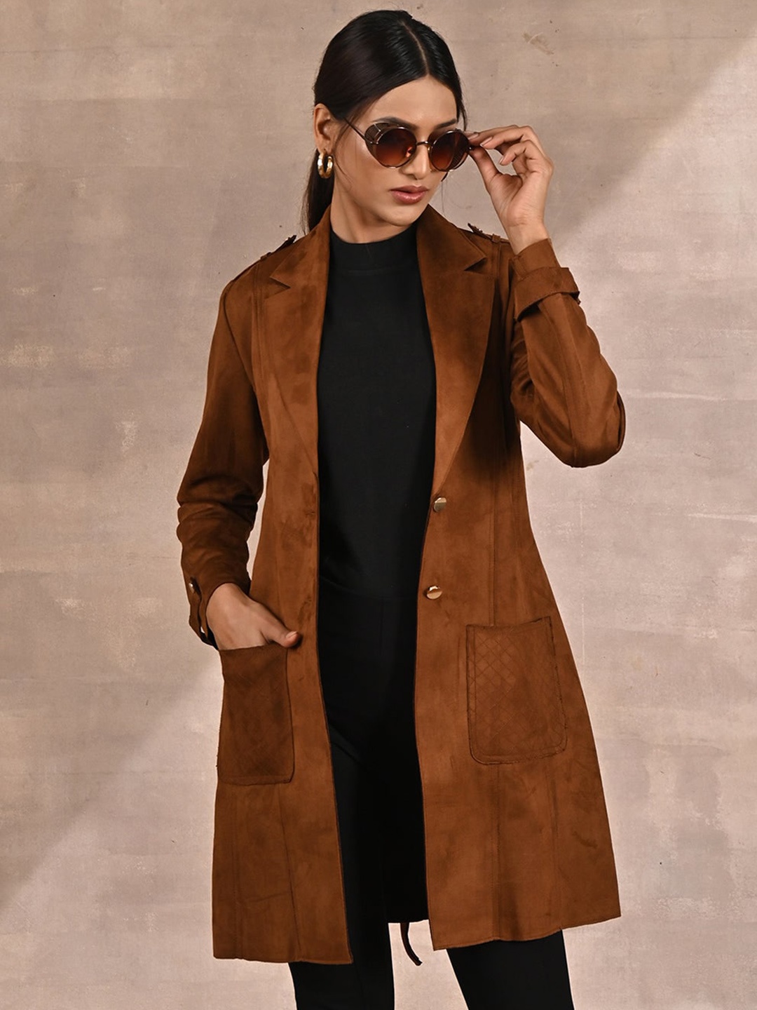 

Lakshita Women Suede Single-Breasted Regular Fit Trench Coat, Rust