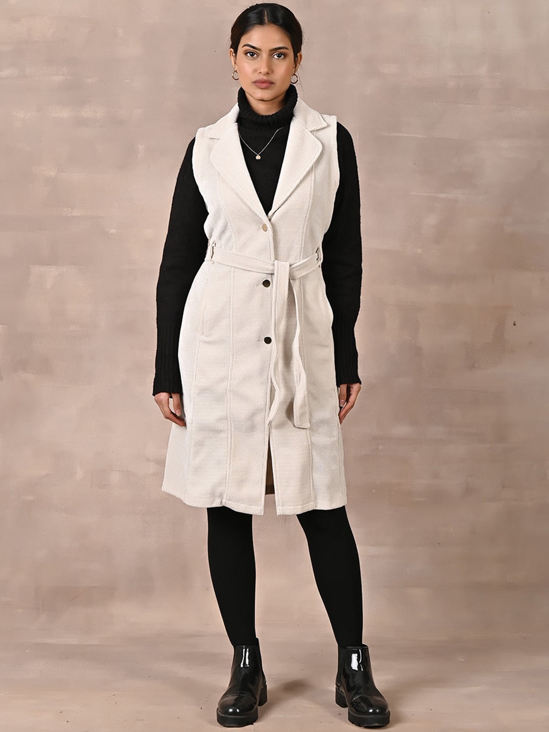 

Lakshita Women Sleeveless Corduroy Trench Coat, White