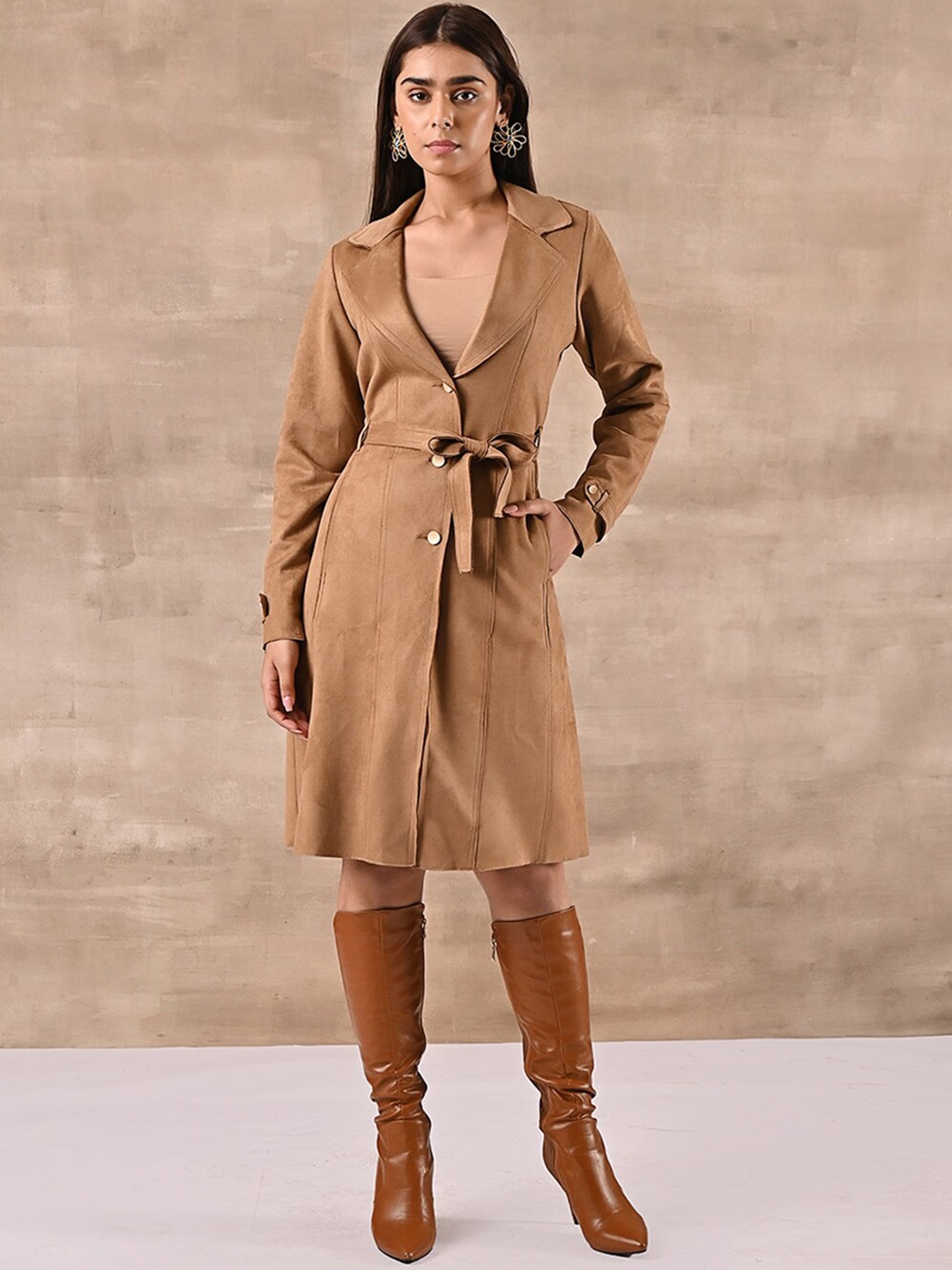 

Lakshita Notched Lapel Collar Belted Longline Over Coat, Camel brown