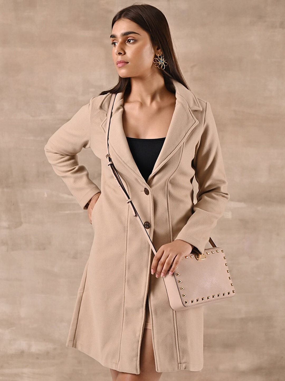 

Lakshita Women Wool Single-Breasted Regular Fit Trench Coat, Beige