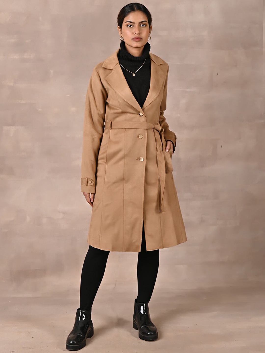 

Lakshita Single-Breasted Belted Woollen Longline Trench Coat, Camel brown