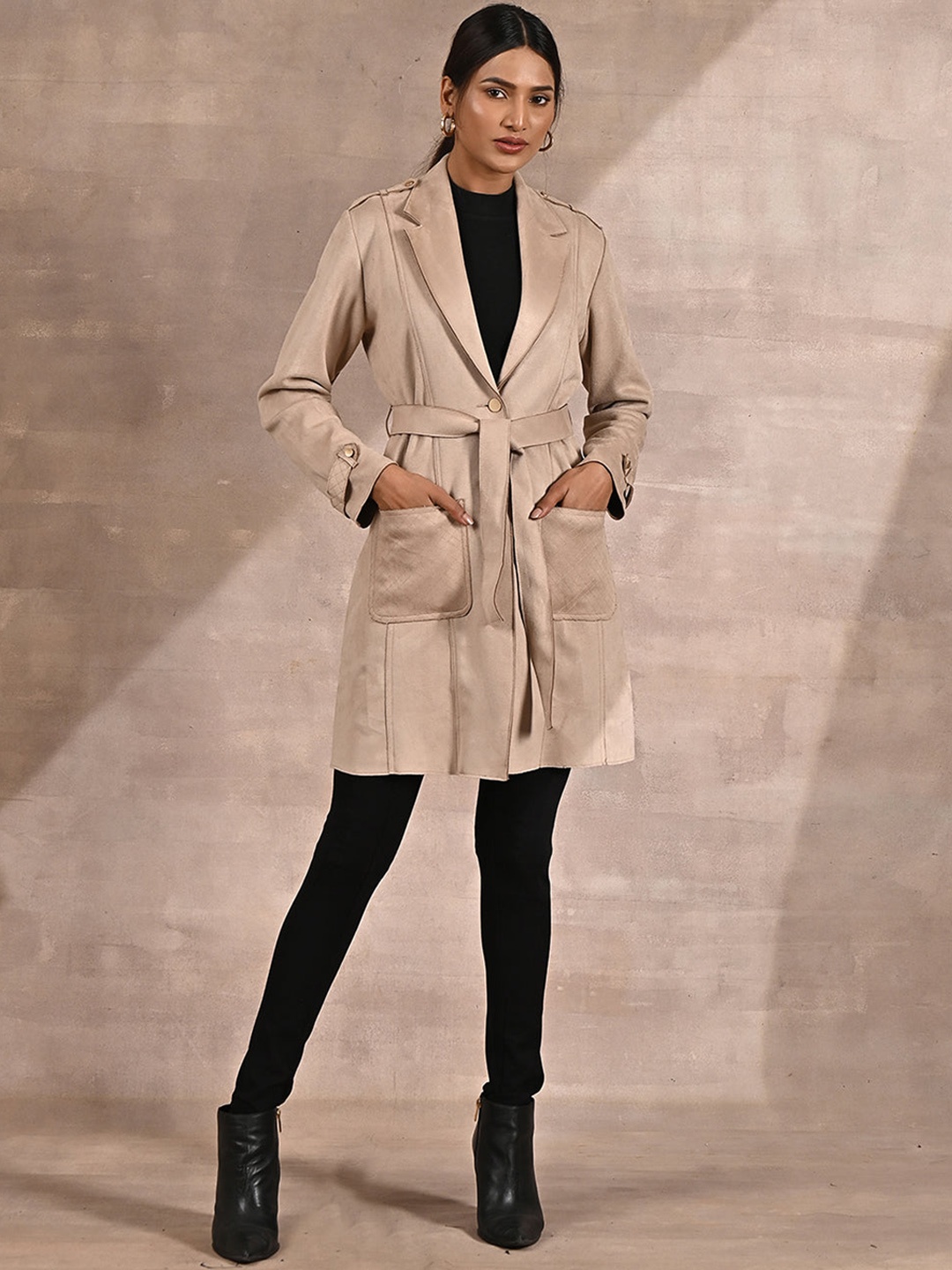 

Lakshita Women Suede Notched Lapel Trench Coats, Cream