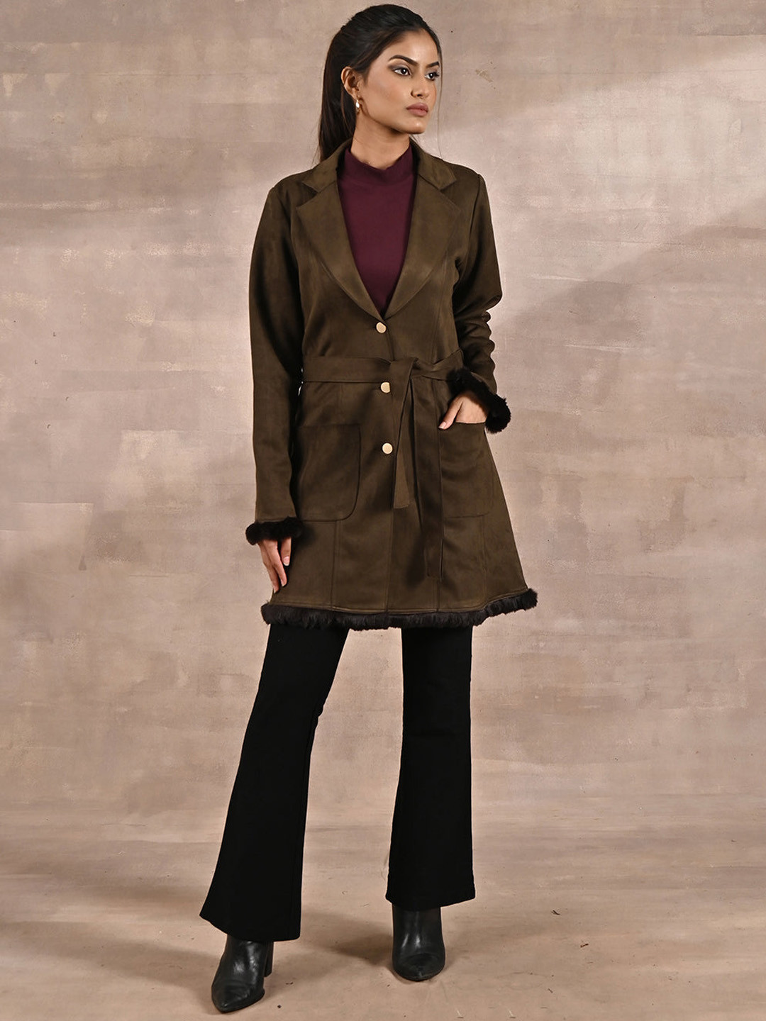 

Lakshita Women Suede Regular Fit Belted Trench Coat, Olive