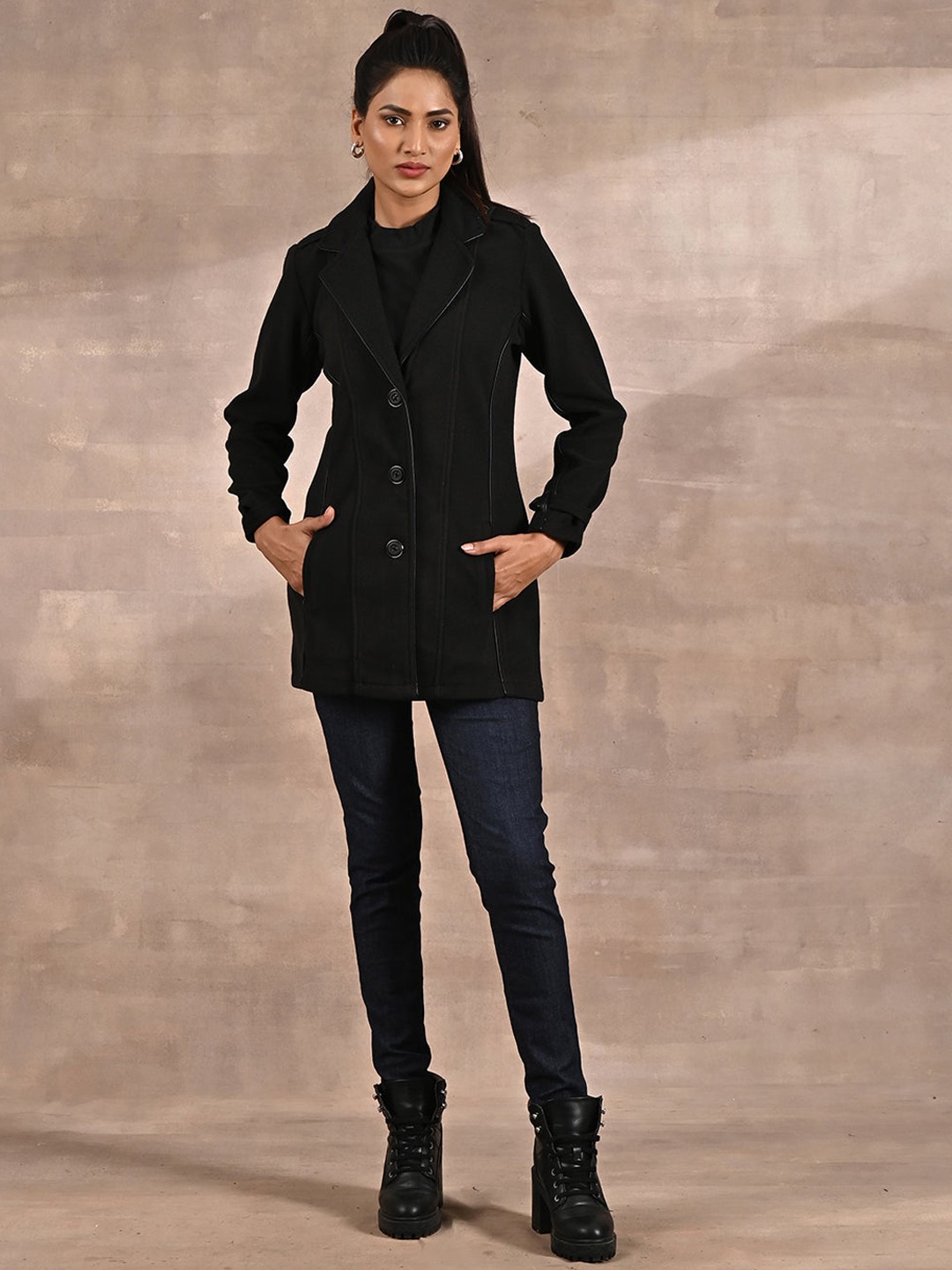 

Lakshita Leather Piping Single-Breasted Brushed Wool Trench Coat, Black
