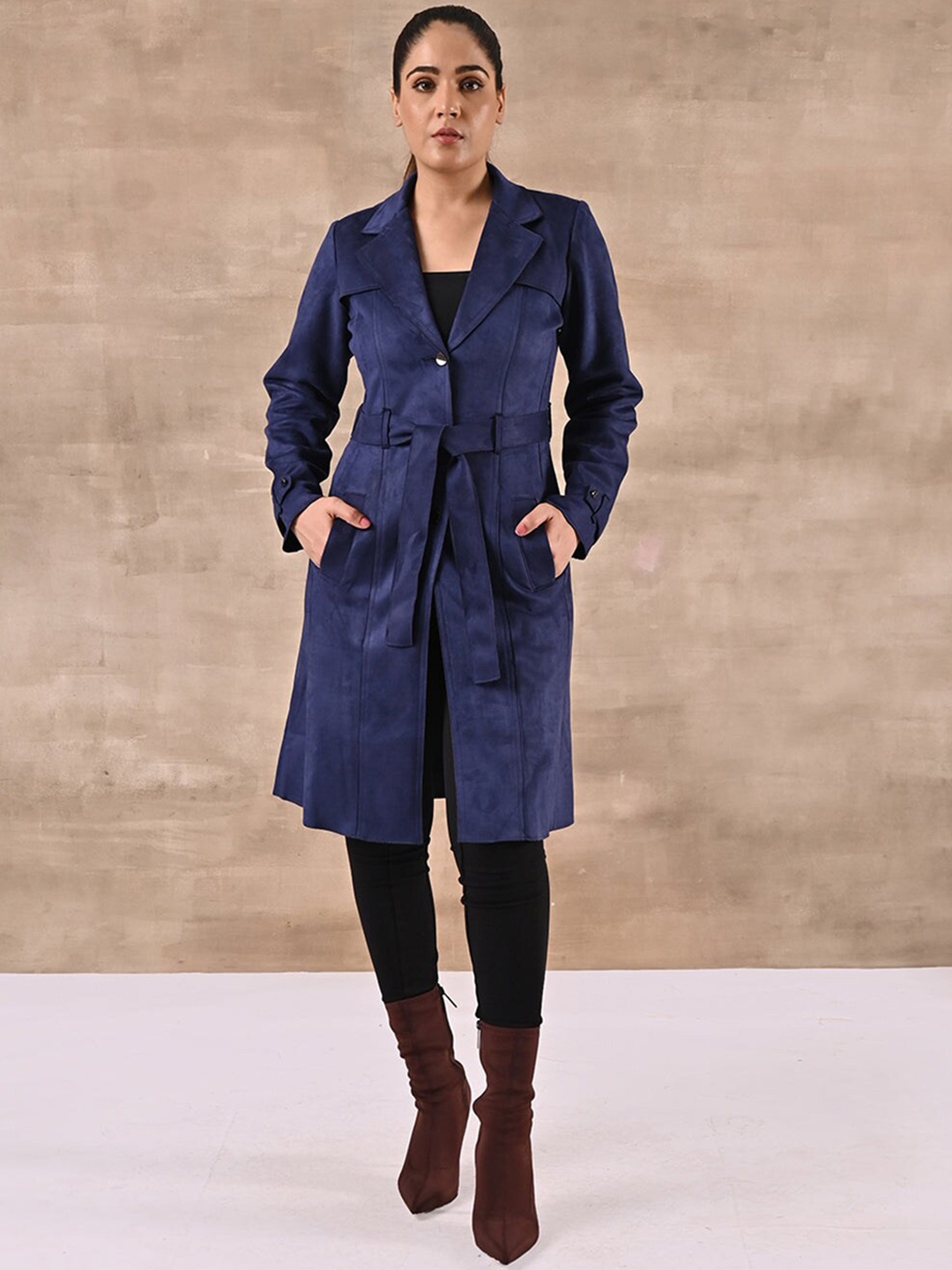 

Lakshita Single-Breasted Notched Lapel Wool Overcoat, Navy blue