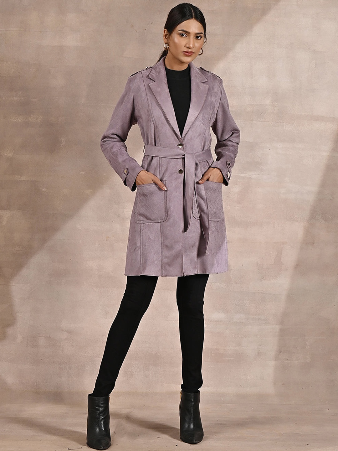 

Lakshita Belted Suede Longline Overcoat, Lavender