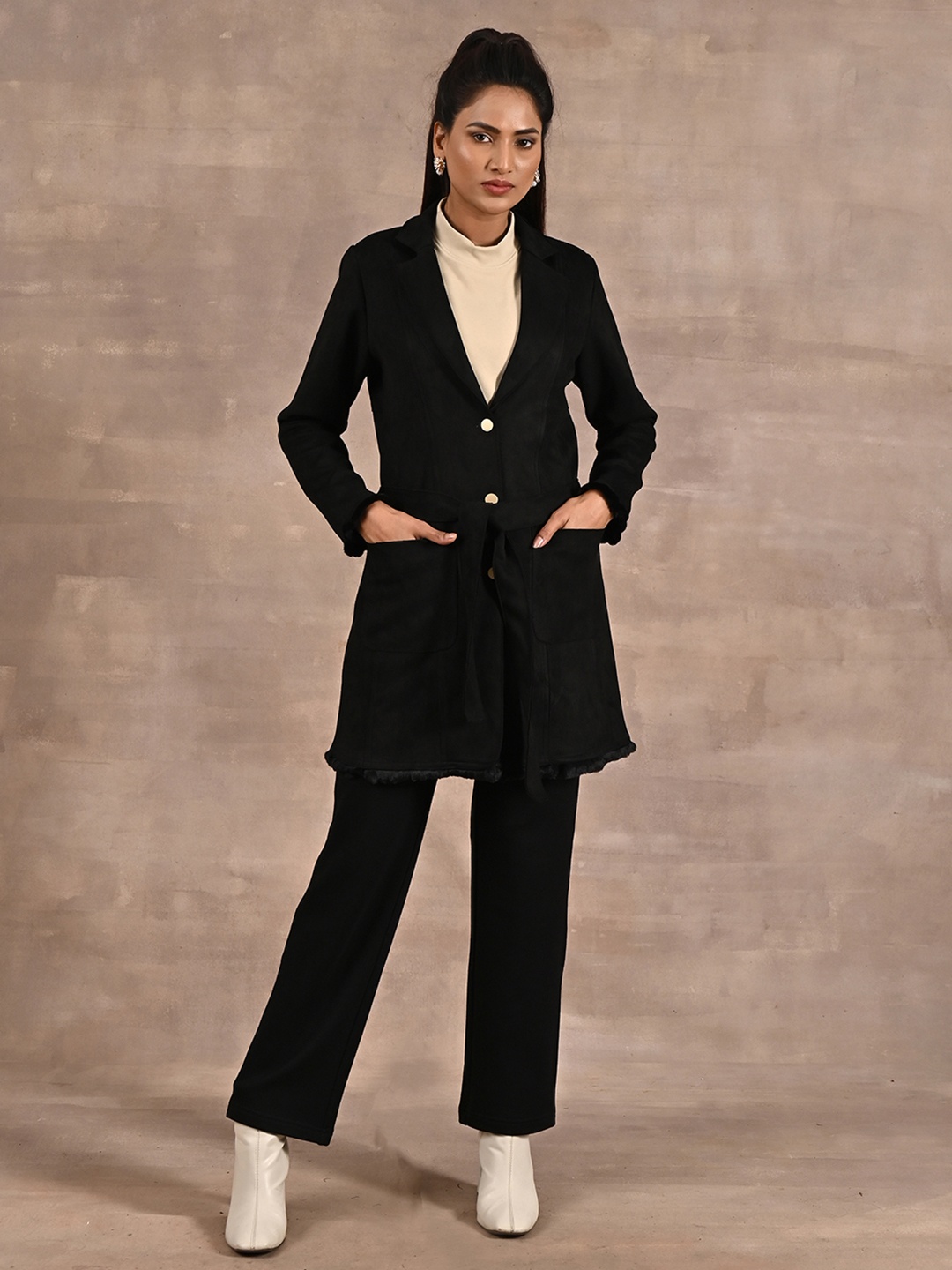 Lakshita Fur Trim Belted Longline Trench Coat, Black