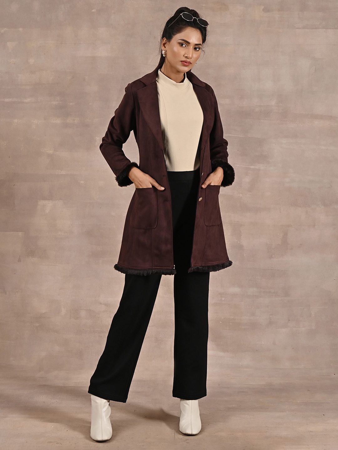 

Lakshita Single-Breasted Notched lapel Suede Trench Coat, Brown