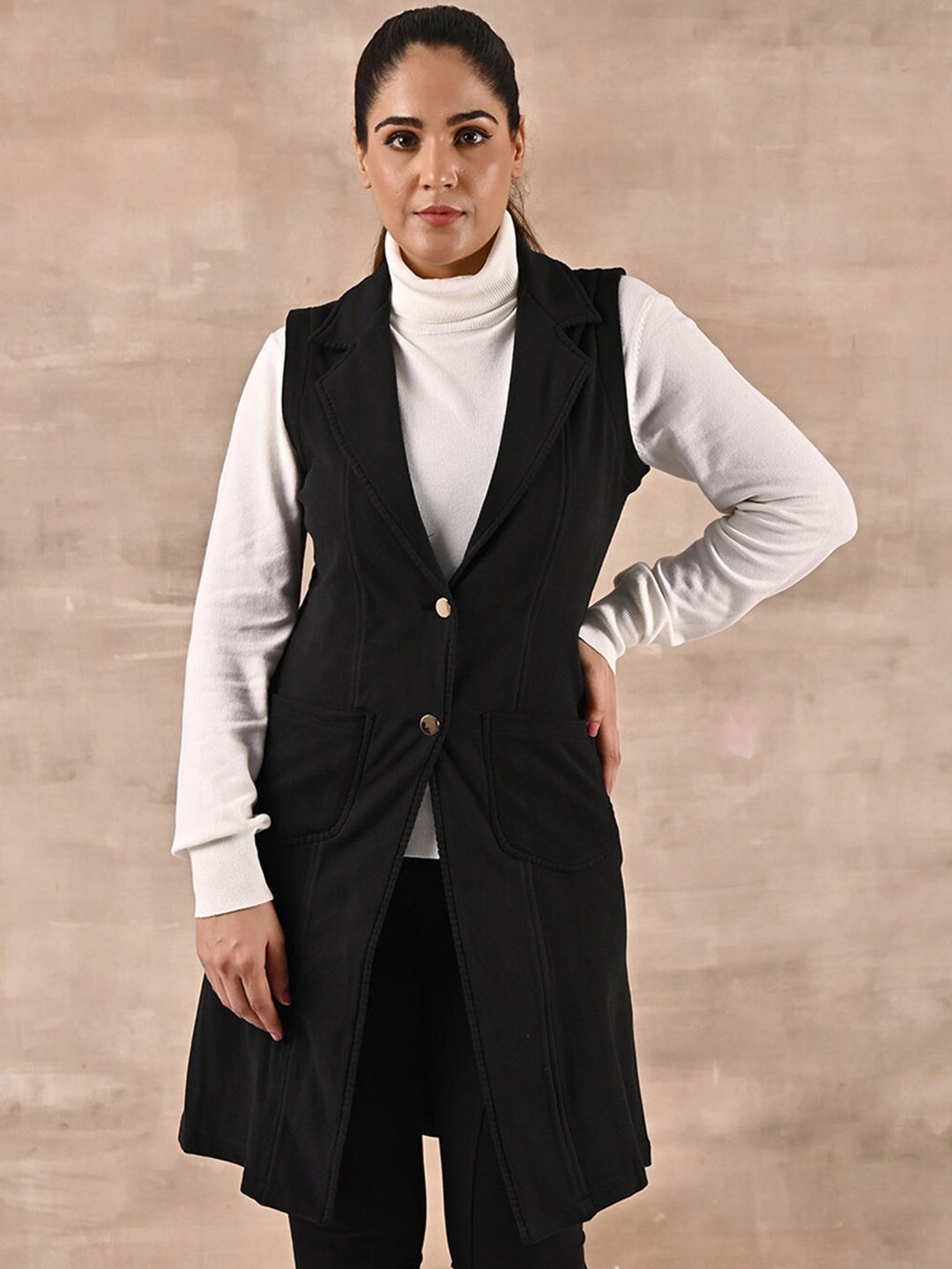 

Lakshita Single-Breasted Sleeveless Longline Trench Coat, Black