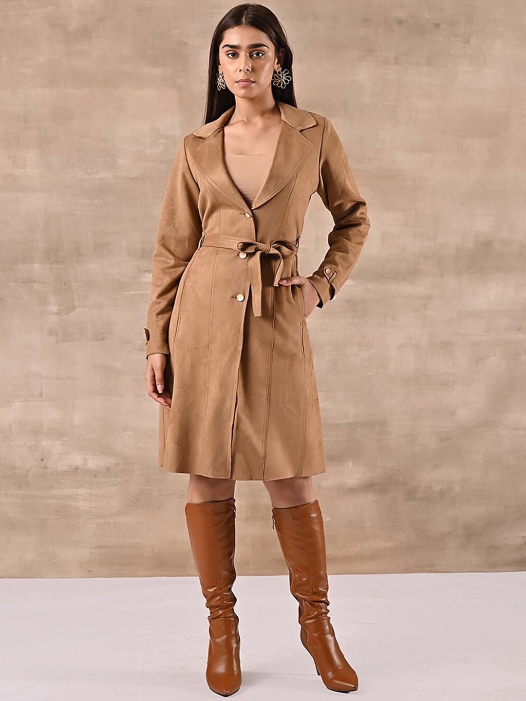 

Lakshita Single-Breasted Belted Longline Over Coat, Camel brown