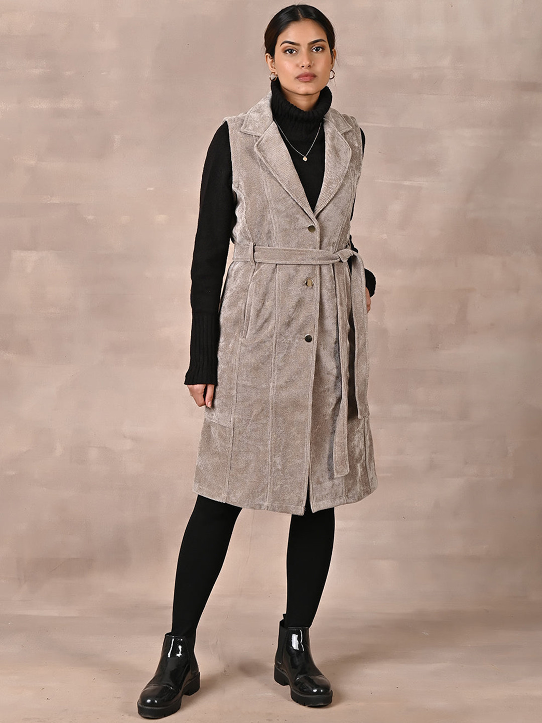 

Lakshita Women Ribbed Corduroy Single-Breasted Trench Coat, Beige
