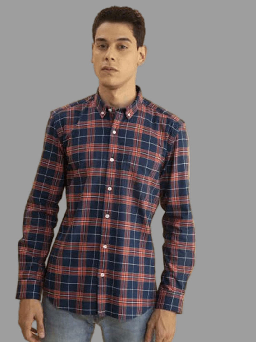

APNISHA Tartan Checks Cotton Casual Shirt, Navy blue