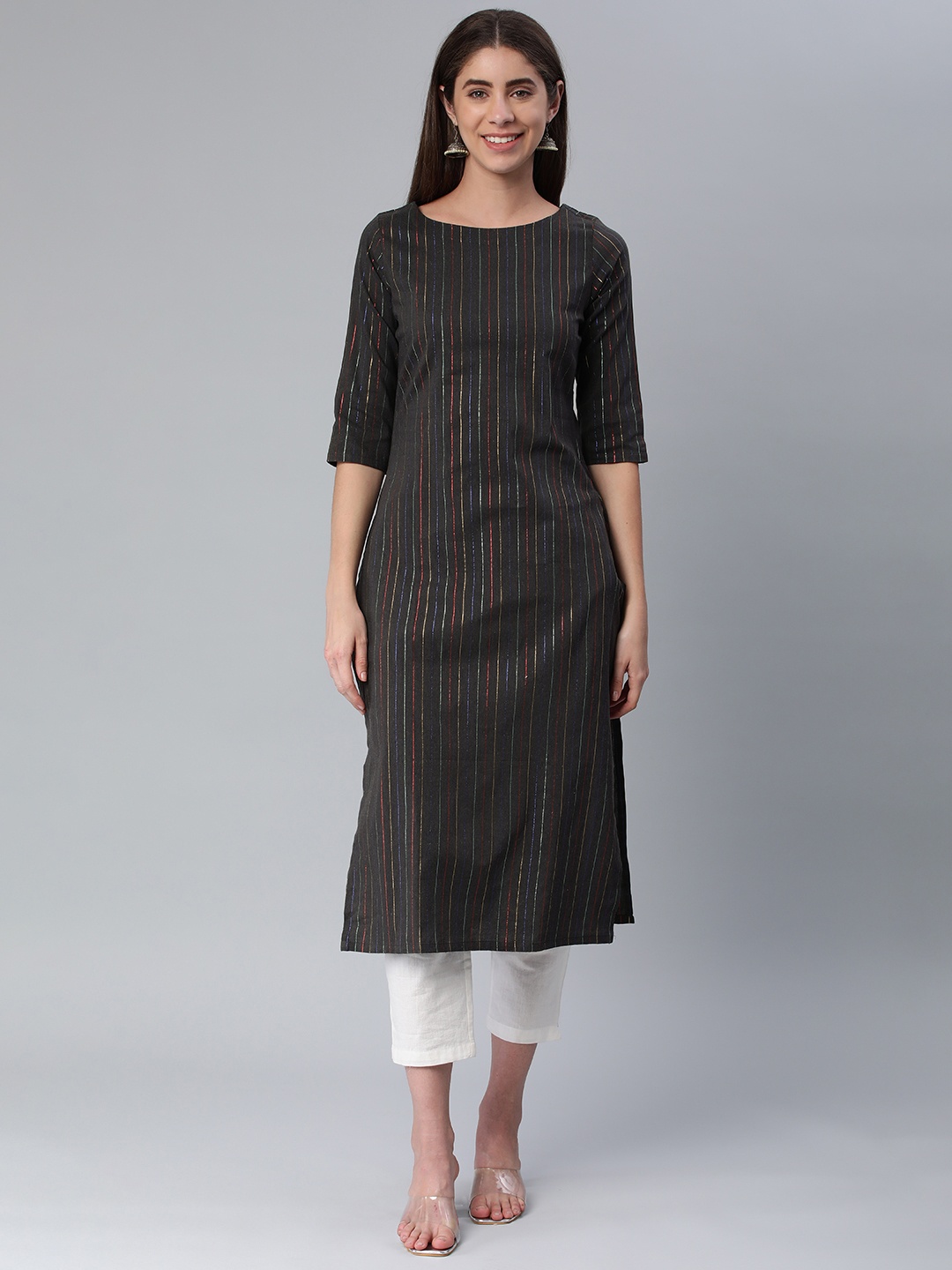 

HRITIKA Women Striped Boat Neck Straight Kurta, Black