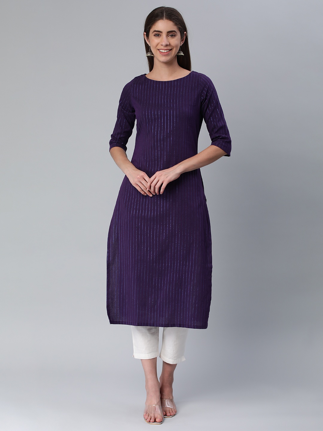

HRITIKA Women Striped Boat Neck Straight Kurta, Violet