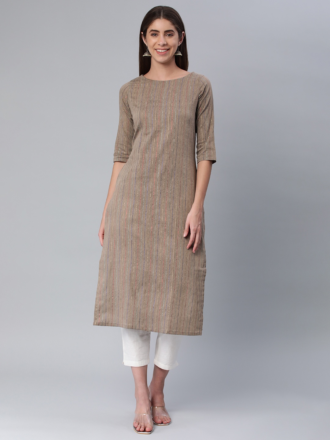 

HRITIKA Women Striped Boat Neck Straight Kurta, Grey
