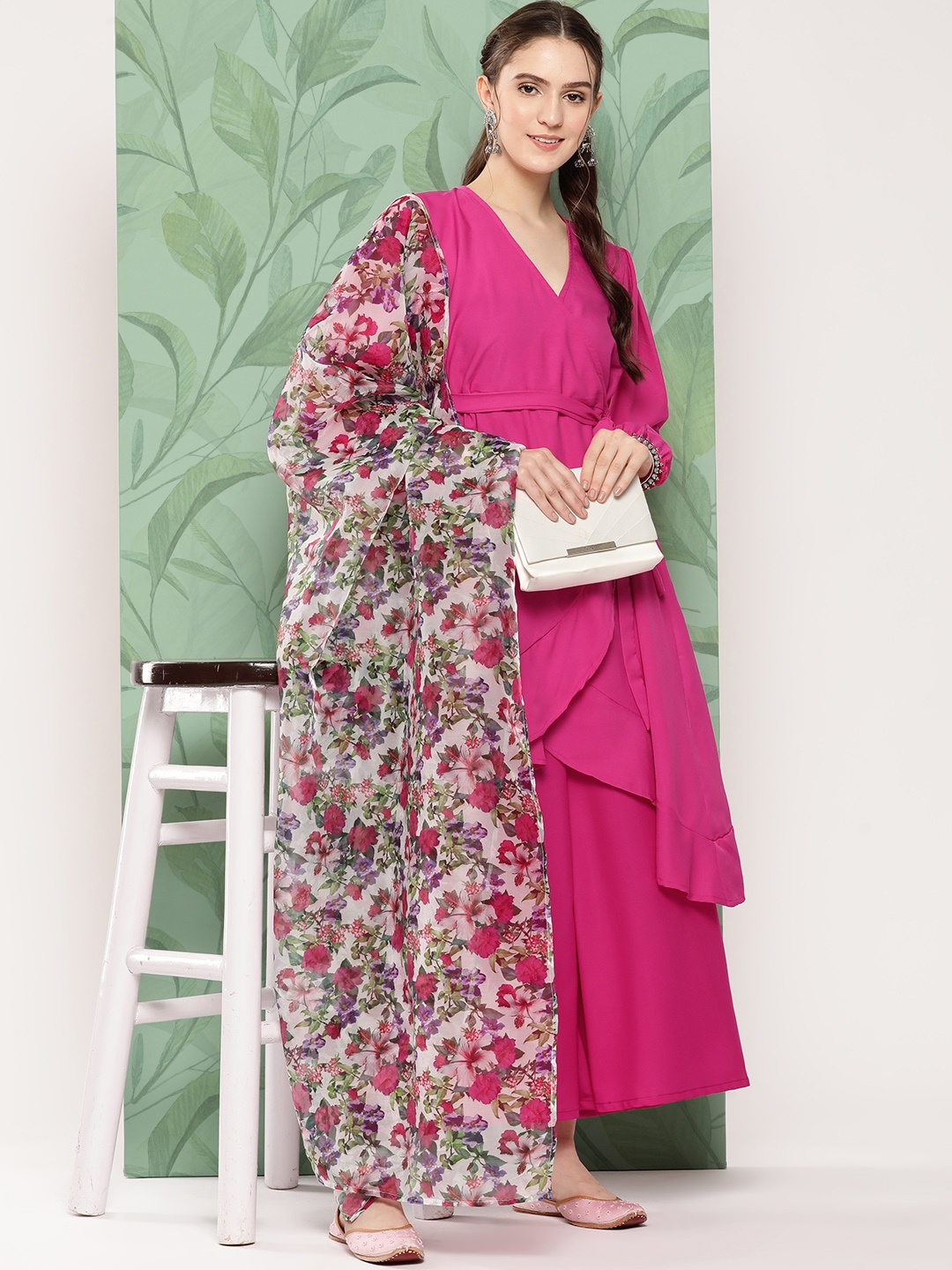 

InWeave Angrakha Kurta with Palazzos & With Dupatta, Magenta
