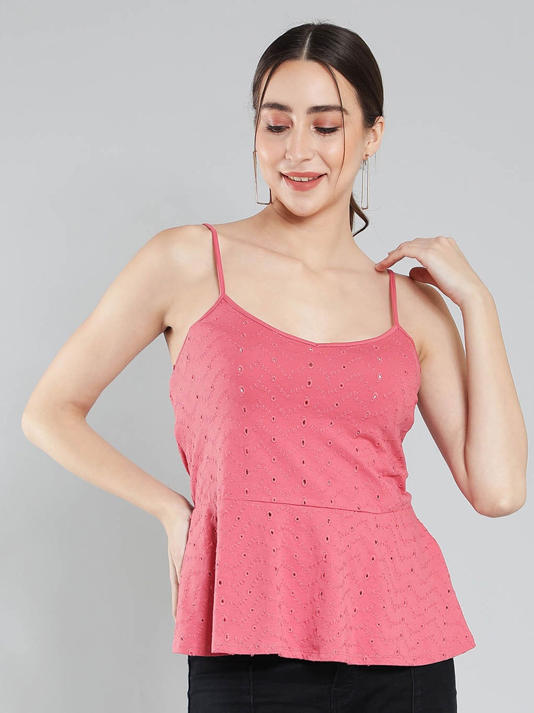 

Aditi Wasan Shoulder Straps Cotton Schiflli Peplum Top, Pink