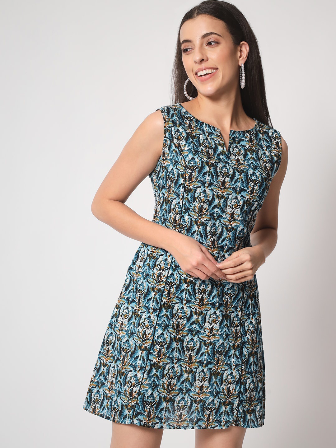 

Mishpra Floral Printed Cotton A-Line Dress, Blue