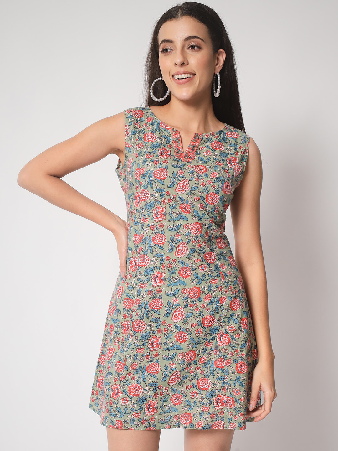 

Mishpra Floral Printed Cotton A-Line Dress, Green