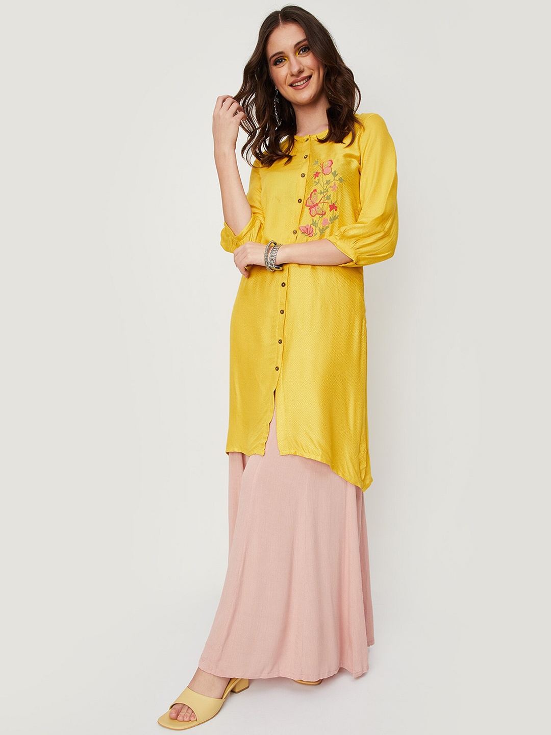 

max Floral Embroidered Puff Sleeves Straight Kurta, Yellow