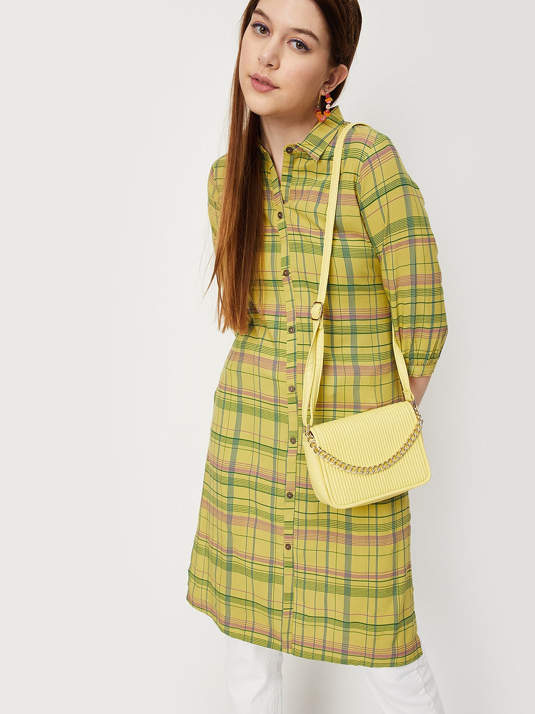 

max Shirt Collar Checked Printed Straight Kurta, Yellow