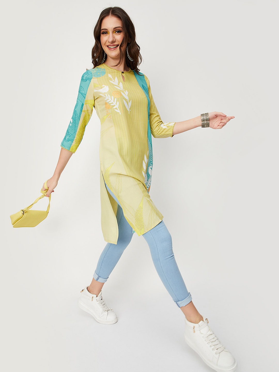 

max Women Yellow & Blue Ethnic Motifs Printed Keyhole Neck Indie Prints Kurta