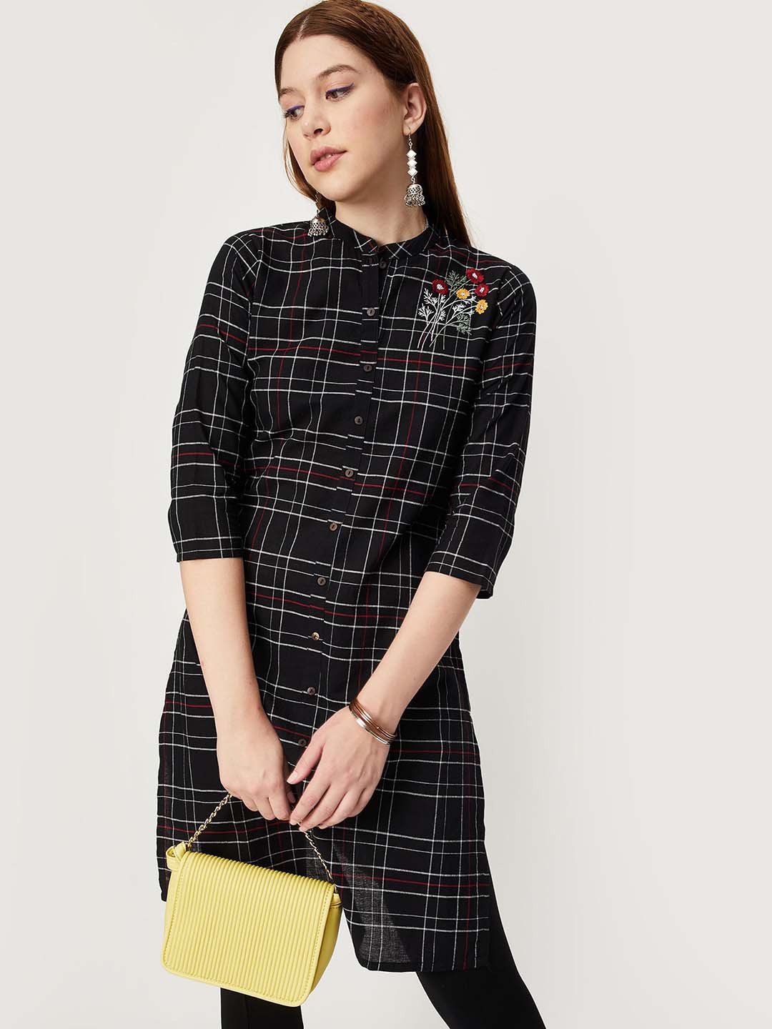 

max Band Collar Checked Printed Thread Work Cotton Straight Kurta, Black